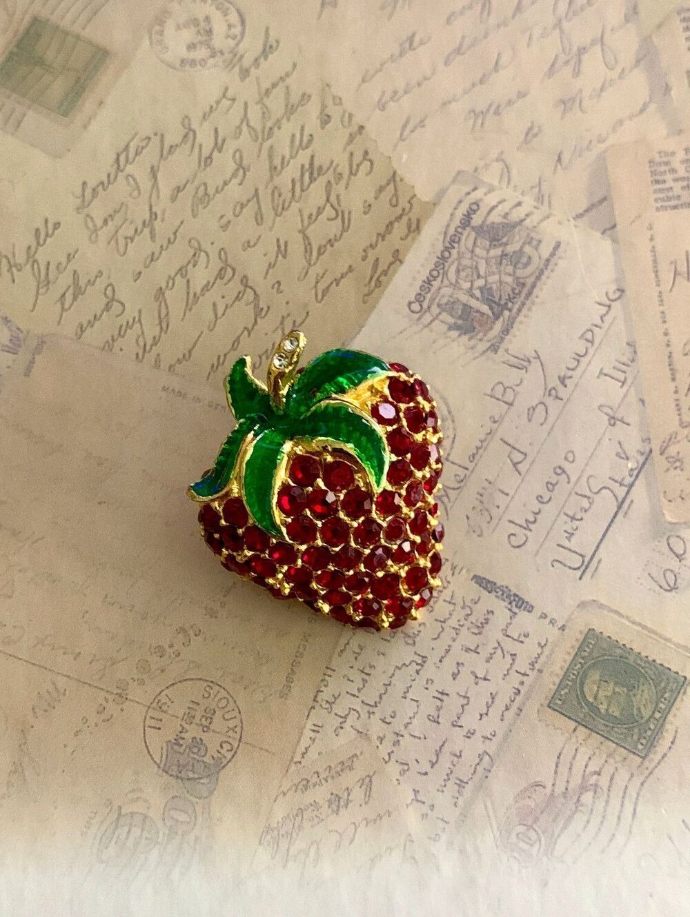 Vintage Sparkling Strawberry Red Rhinestone Brooch Pin with Green Enamel Leaves